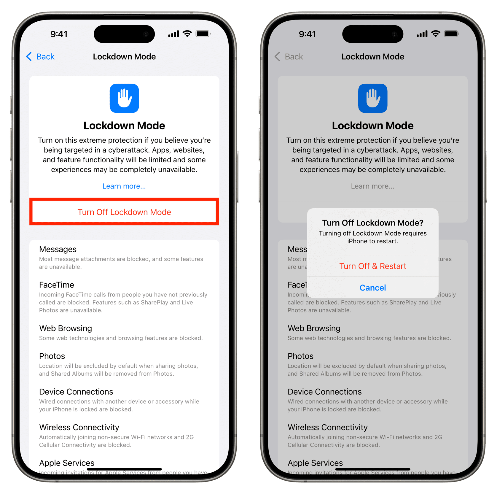 نافذة تأكيد إيقاف نمط المنع وإعادة التشغيل — لقطة فعلية من iDownloadBlog